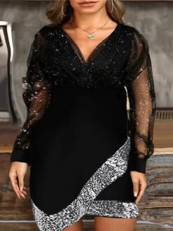 Women‘s Plus Size Curve Party Dress Solid Color V Neck Mesh Long Sleeve Spring Fall Casual Sequins Prom Dress Mini Dress Party Evening Party Dress Black Dress Sequin Dress