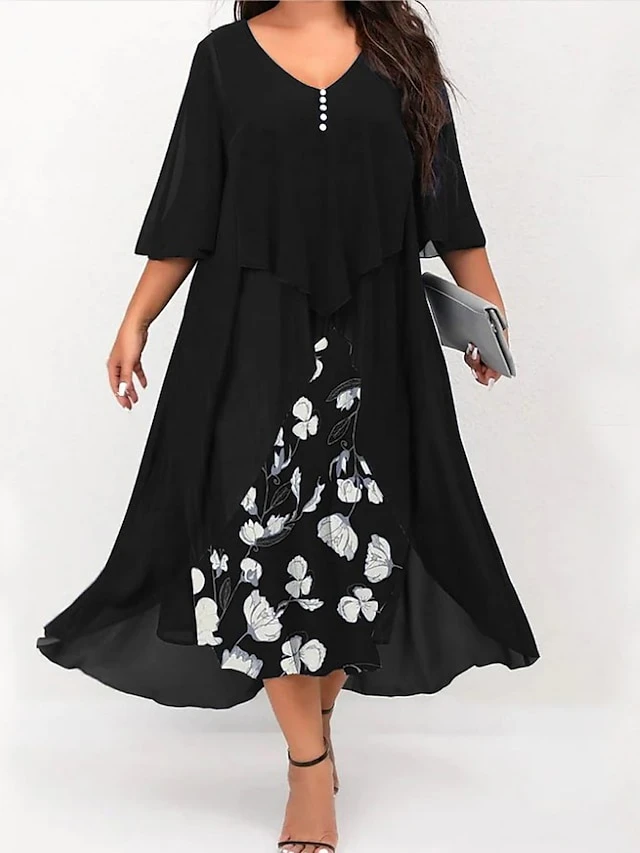 Women's Plus Size Curve Work Dress Floral V Neck Ruched 3/4 Length Sleeve Spring Summer Work Elegant Midi DressLayered Formal Vacation Dress 16 Women's Plus Size Curve Work Dress Floral V Neck Ruched 3/4 Length Sleeve Spring Summer Work Elegant Midi DressLayered Formal Vacation Dress - Image 16
