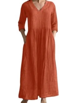 Women's Casual Dress Cotton Linen Dress A Line Dress Maxi Long Dress Cotton Blend Fashion Modern Outdoor Daily Vacation V Neck Ruched Side Pockets 3/4 Length Sleeve Summer Spring Fall 2023 Regular Fit -HAYz Clothing Shop qqdnyy1683629847400