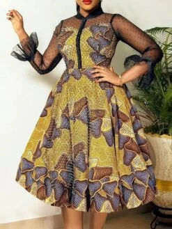 Women‘s Plus Size Curve Party Dress Cocktail Dress Wedding Guest Dress Midi Dress Yellow Long Sleeve Color Block Mesh Summer Spring Fall Stand Collar Fashion Wedding Guest Vacation Fall Dress 2023