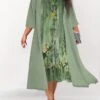 Women's Plus Size Curve Two Piece Dress Set Casual Dress Swing Dress Outdoor Daily Fashion Elegant Print Midi Dress Crew Neck 3/4 Length Sleeve Floral Light Green Blue Dark Green Fall Winter S M