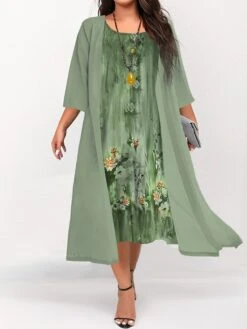 Women's Plus Size Curve Two Piece Dress Set Casual Dress Swing Dress Outdoor Daily Fashion Elegant Print Midi Dress Crew Neck 3/4 Length Sleeve Floral Light Green Blue Dark Green Fall Winter S M
