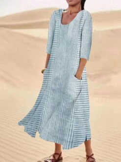 Women's Casual Dress Cotton Linen Dress Midi Dress Polyester Fashion Casual Daily Outdoor Daily Vacation Crew Neck Pocket Print Half Sleeve Summer Spring Fall 2023 Loose Fit Blue Purple Green -HAYz Clothing Shop qqxchm1690365611453