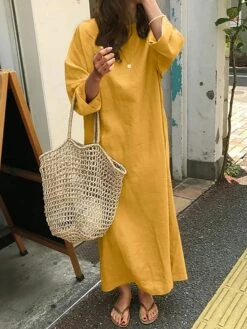 Women's Casual Dress Cotton Linen Dress Shift Dress Midi Dress Linen / Cotton Blend Fashion Classic Outdoor Daily Vacation Crew Neck Pocket Long Sleeve Fall Winter Autumn 2023 Loose Fit Black Yellow