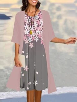 Women's Two Piece Dress Set Casual Dress Print Dress Outdoor Daily Fashion Elegant Print Midi Dress Crew Neck 3/4 Length Sleeve Floral Regular Fit Pink Blue Dark Green Summer Spring S M L XL XXL -HAYz Clothing Shop qqyceq1682064771195