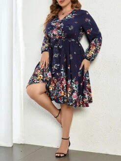 Women's Plus Size Party Dress Wedding Guest Dress Tunic Dress Mini Dress Dark Blue Long Sleeve Flower With Belt Spring Fall Winter V Neck Fashion Winter Dress Evening Party Wedding Guest 2023 XL XXL -HAYz Clothing Shop qqzats1693535765022