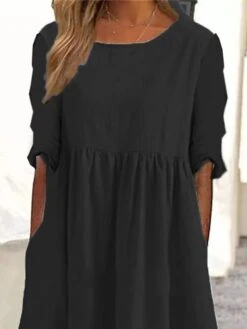 Women's Casual Dress Cotton Linen Dress Swing Dress Midi Dress Cotton Blend Basic Classic Outdoor Daily Vacation Crew Neck Pocket Long Sleeve Summer Spring Fall 2023 Loose Fit Black Gray Plain S M L -HAYz Clothing Shop qrjtje1676517816518