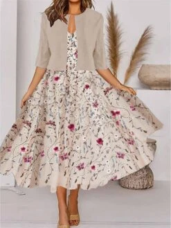 Women's Two Piece Dress Set Party Dress Chiffon Dress Party Outdoor Fashion Party Print Midi Dress V Neck Half Sleeve Floral Regular Fit Apricot Summer Spring S M L XL XXL