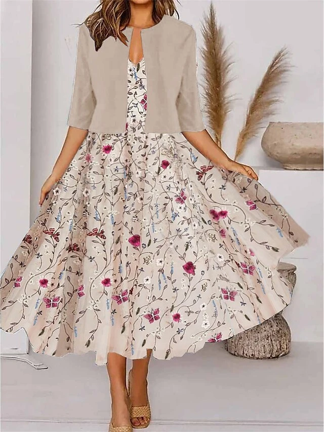 Women's Two Piece Dress Set Party Dress Chiffon Dress Party Outdoor Fashion Party Print Midi Dress V Neck Half Sleeve Floral Regular Fit Apricot Summer Spring S M L XL XXL 1 Women's Two Piece Dress Set Party Dress Chiffon Dress Party Outdoor Fashion Party Print Midi Dress V Neck Half Sleeve Floral Regular Fit Apricot Summer Spring S M L XL XXL