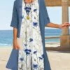 Women's Two Piece Dress Set Casual Dress Shift Dress Outdoor Daily Fashion Casual Print Midi Dress Crew Neck 3/4 Length Sleeve Floral Loose Fit Blue Green Summer Spring S M L XL XXL