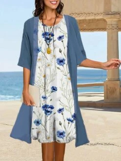 Women's Two Piece Dress Set Casual Dress Shift Dress Outdoor Daily Fashion Casual Print Midi Dress Crew Neck 3/4 Length Sleeve Floral Loose Fit Blue Green Summer Spring S M L XL XXL