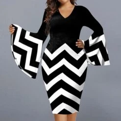 Women‘s Plus Size Curve Party Dress Geometry V Neck Split Long Sleeve Fall Winter Casual Prom Dress Knee Length Dress Casual Daily DressPrint