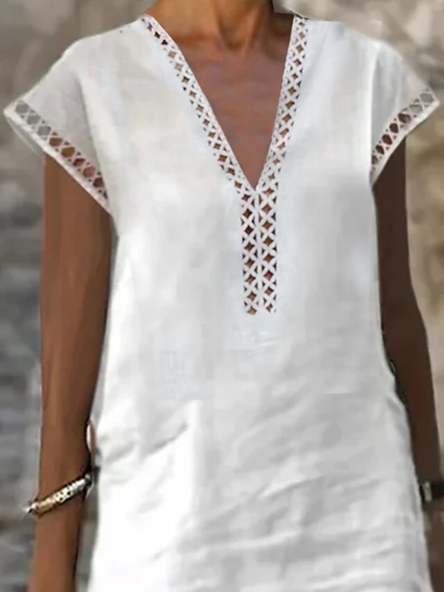 Women's Cotton Linen Dress Casual Dress Shift Dress Midi Dress Cotton Fashion Modern Outdoor Daily Vacation V Neck Cut Out Short Sleeve Summer Spring 2023 Regular Fit White Blue Green Plain S M L XL 2 Women's Cotton Linen Dress Casual Dress Shift Dress Midi Dress Cotton Fashion Modern Outdoor Daily Vacation V Neck Cut Out Short Sleeve Summer Spring 2023 Regular Fit White Blue Green Plain S M L XL - Image 2