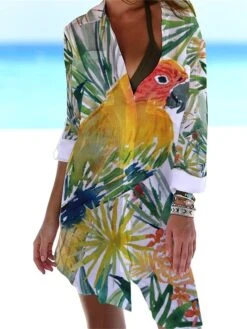 Women‘s Shirt Dress Cover Up Beach Dress Beach Wear Mini Dress Pocket Print Fashion Casual Floral Turndown 3/4 Length Sleeve Loose Fit Outdoor Daily White Yellow 2023 Spring Summer S M L XL -HAYz Clothing Shop qtacjb1675938179889