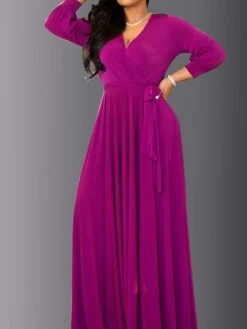 Women‘s Plus Size Curve Party Dress Solid Color V Neck Ruched Long Sleeve Winter Fall Elegant Prom Dress Maxi Long Dress Formal Party Dress -HAYz Clothing Shop qtijcl1637931781184