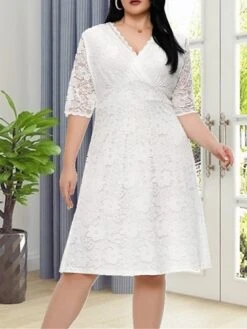 Women‘s Plus Size Curve Party Dress Lace Dress White Dress Solid Color Midi Dress Half Sleeve Lace V Neck Fashion Party White Red Summer Spring XL XXL 3XL 4XL 5XL
