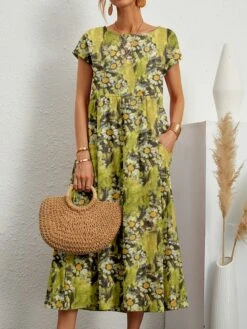 Women's Casual Dress Cotton Linen Dress Swing Dress Midi Dress Linen / Cotton Blend Fashion Casual Outdoor Daily Holiday Crew Neck Pocket Print Short Sleeve Summer Spring 2023 Loose Fit ArmyGreen -HAYz Clothing Shop qtwucr1687249987595
