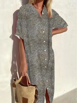 Women's Shirt Dress Mini Dress Office Daily Date Polyester Modern Casual Shirt Collar Button Print Half Sleeve Summer Spring Fall 2023 Loose Fit Black And White Black Dark Gray Graphic S M L XL 2XL