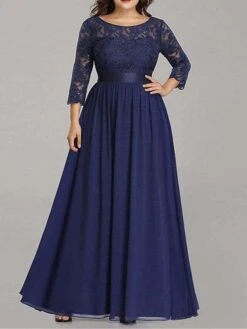 Women's Plus Size Curve Prom Dress Party Dress Lace Dress Long Dress Maxi Dress White Pink Wine 3/4 Length Sleeve Pure Color Lace Spring Fall Winter Crew Neck Fashion Birthday Evening Party -HAYz Clothing Shop qugtcz1692156794254