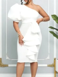 Women‘s Plus Size Curve Party Dress Solid Color One Shoulder Ruffle Short Sleeve Spring Fall Prom Dress Midi Dress Casual Daily Dress -HAYz Clothing Shop qunjxi1656067341077