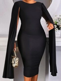 Women‘s Plus Size Curve Work Dress Solid Color Crew Neck Long Sleeve Spring Fall Work Formal Midi Dress Date Vacation Dress -HAYz Clothing Shop qurldi1661221675272