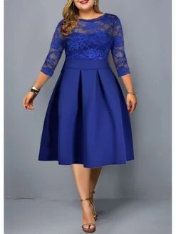 Women‘s Plus Size Curve Party Dress Solid Color Crew Neck Lace 3/4 Length Sleeve Spring Fall Elegant Prom Dress Mature Knee Length Dress Formal Party Dress
