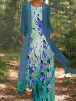 Women's Casual Dress Dress Set Two Piece Dress Long Dress Maxi Dress Blue Purple Long Sleeve Floral Print Summer Spring Crew Neck Vacation Winter Dress Fall Dress Loose Fit 2023 M L XL XXL 3XL 4XL 5XL -HAYz Clothing Shop qvozjz1652168894534