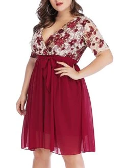Women‘s Plus Size Curve Party Dress Cocktail Dress Wedding Guest Dress Midi Dress Black Wine Short Sleeve Floral Lace Up Summer Spring Fall V Neck Fashion Birthday Wedding Guest Vacation 2023 -HAYz Clothing Shop qvtmqk1691399401654