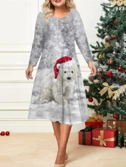 Women's Christmas Plus Size Curve Casual Dress Skater Dress A Line Dress Animal Christmas Tree Midi Dress Long Sleeve Print Crew Neck Fashion Outdoor White Blue Fall Winter L XL XXL 3XL 4XL -HAYz Clothing Shop qvvits1695813651055