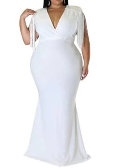 Women‘s Plus Size Curve Party Dress Solid Color V Neck Tassel Fringe Sleeveless Spring Summer Formal Maxi Long Dress Party Date Dress -HAYz Clothing Shop qwfqtc1659936866351