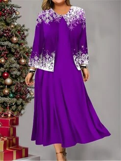 Women's Plus Size Two Piece Dress Set Casual Dress Swing Dress Outdoor Office Fashion Streetwear Print Midi Dress Crew Neck Long Sleeve Snowflake Regular Fit Red Blue Purple Fall Winter L XL XXL 3XL -HAYz Clothing Shop qwjhfx1697614015063