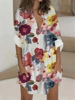 Women's Shirt Dress Casual Dress Shift Dress Mini Dress Outdoor Daily Vacation Polyester Fashion Casual Stand Collar Button Pocket Long Sleeve Summer Spring Fall 2023 Regular Fit Red Blue Green Floral -HAYz Clothing Shop qwqjze1679383075334