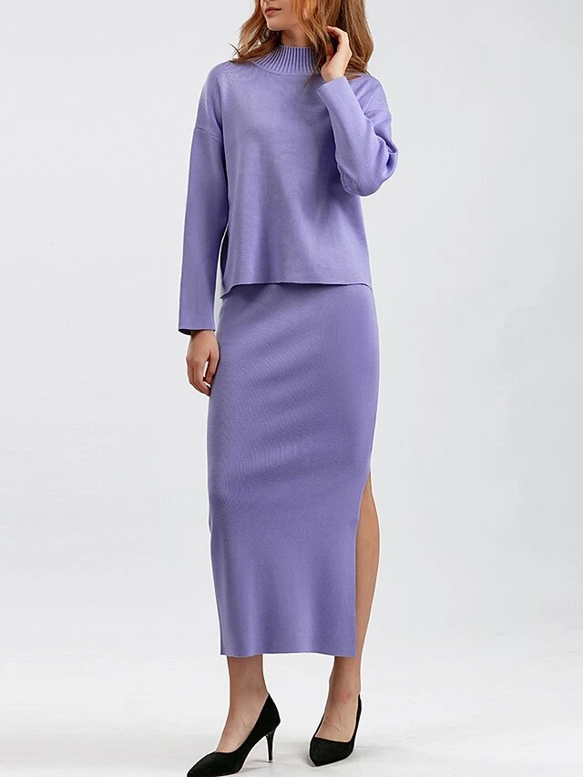 Women's Two Piece Dress Set Casual Dress Skirt Set Outdoor Daily Fashion Streetwear Split Ribbed Midi Dress Turtleneck Long Sleeve Plain Loose Fit Black Light Green Blue Fall One-Size 2 Women's Two Piece Dress Set Casual Dress Skirt Set Outdoor Daily Fashion Streetwear Split Ribbed Midi Dress Turtleneck Long Sleeve Plain Loose Fit Black Light Green Blue Fall One-Size - Image 2