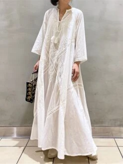 Women's Casual Dress Cotton Linen Dress Swing Dress Maxi Long Dress Linen Basic Classic Outdoor Daily Vacation V Neck Ruched Long Sleeve Spring Fall Winter 2023 Loose Fit White Plain One-Size