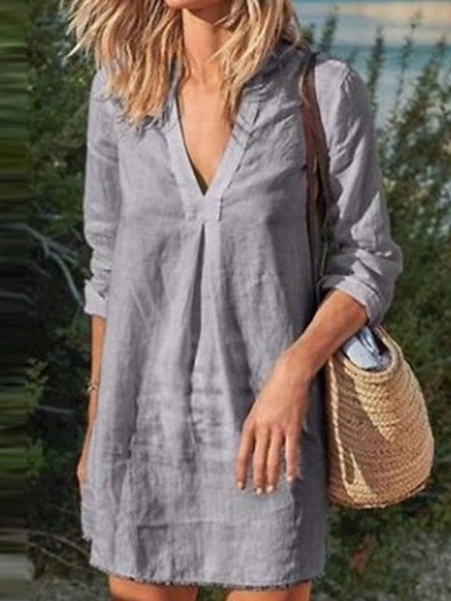 Women's Cotton Linen Dress Casual Dress Shift Dress Mini Dress Cotton Blend Casual Mature Winter Dress Daily Holiday Deep V Ruched Long Sleeve Summer Spring Fall 2023 Loose Fit Black White Wine Pure 5 Women's Cotton Linen Dress Casual Dress Shift Dress Mini Dress Cotton Blend Casual Mature Winter Dress Daily Holiday Deep V Ruched Long Sleeve Summer Spring Fall 2023 Loose Fit Black White Wine Pure - Image 5