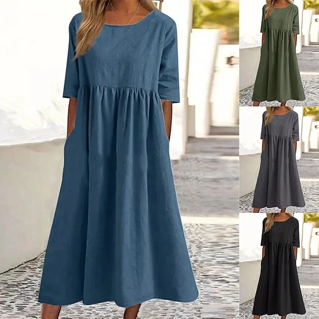 Women's Casual Dress Cotton Dress Swing Dress Midi Dress Cotton Basic Casual Outdoor Daily Crew Neck Pocket Smocked Half Sleeve Summer Spring Fall 2023 Loose Fit Light Blue Black White Pure Color S M 1 Women's Casual Dress Cotton Dress Swing Dress Midi Dress Cotton Basic Casual Outdoor Daily Crew Neck Pocket Smocked Half Sleeve Summer Spring Fall 2023 Loose Fit Light Blue Black White Pure Color S M