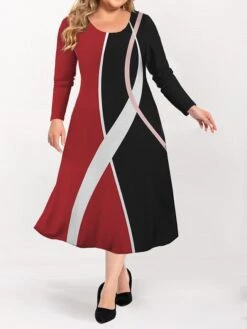 Women's Plus Size Curve Casual Dress Skater Dress A Line Dress Geometric Color Block Midi Dress Long Sleeve Print Crew Neck Fashion Outdoor Red Blue Fall Winter L XL XXL 3XL 4XL