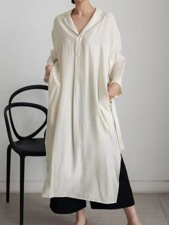 Women's Casual Dress Cotton Linen Dress Shift Dress Midi Dress Linen / Cotton Blend Fashion Basic Outdoor Daily Vacation Shirt Collar Lace Up Pocket Long Sleeve Fall Winter Autumn 2023 Loose Fit