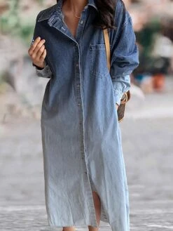 Women's Shirt Dress Casual Dress Maxi Long Dress Outdoor Daily Vacation Denim Fashion Modern Shirt Collar Button Pocket Long Sleeve Spring Fall Winter 2023 Loose Fit Blue Ombre M