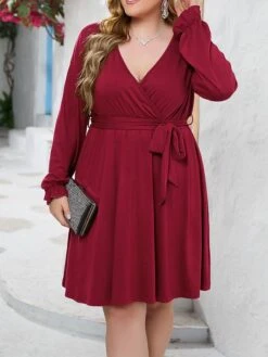 Women's Plus Size Curve Casual Dress Sheath Dress Black Dress Plain Midi Dress Long Sleeve Lace Up Ruched V Neck Fashion Outdoor Black Red Fall Winter XL XXL 3XL 4XL 5XL -HAYz Clothing Shop qxmsgi1695095468521