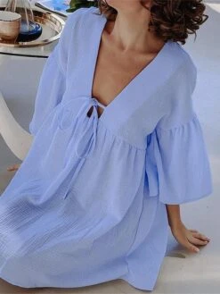 Women's Casual Dress Cotton Linen Dress Mini Dress Cotton Daily Basic Outdoor Home Daily V Neck Ruched Button 3/4 Length Sleeve Fall Autumn 2023 Loose Fit Navy Blue Blue Purple Plain S M L -HAYz Clothing Shop qxomnt1692936383362