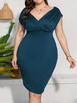 Women‘s Plus Size Curve Work Dress Sheath Dress Semi Formal Dress Fashion Midi Dress Ruched V Neck Short Sleeve Plain Regular Fit Black Red Blue Summer Spring L XL XXL 3XL 4XL -HAYz Clothing Shop qxqedt1691398212808