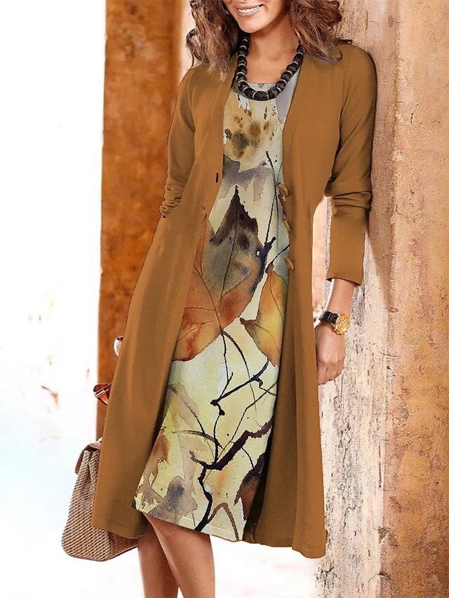 Women's Two Piece Dress Set Casual Dress Print Dress Outdoor Daily Fashion Modern Print Midi Dress Crew Neck Long Sleeve Leaf Regular Fit Brown Fall Winter S M L XL XXL 1 Women's Two Piece Dress Set Casual Dress Print Dress Outdoor Daily Fashion Modern Print Midi Dress Crew Neck Long Sleeve Leaf Regular Fit Brown Fall Winter S M L XL XXL