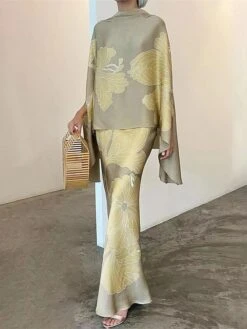 Women's Two Piece Dress Set Casual Dress Skirt Set Daily Going Out Elegant Modern Ruffle Print Long Dress Maxi Dress Stand Collar Long Sleeve Floral Regular Fit White Champagne Wine Fall Winter S M L -HAYz Clothing Shop qxtbse1693386105575