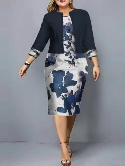 Women's Plus Size Curve Casual Dress Dress Set Two Piece Dress Floral Midi Dress Long Sleeve Print Crew Neck Fashion Outdoor Yellow Pink Fall Winter L XL XXL 3XL 4XL -HAYz Clothing Shop qxzecz1695362724386