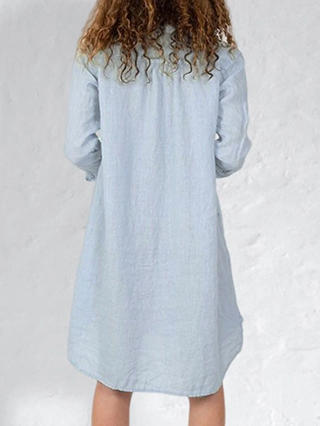Women's Casual Dress Cotton Linen Dress Midi Dress Linen / Cotton Blend Fashion Basic Outdoor Daily Vacation Split Neck Pocket Split Long Sleeve Fall Winter Autumn 2023 Loose Fit Light Blue Plain S M 2 Women's Casual Dress Cotton Linen Dress Midi Dress Linen / Cotton Blend Fashion Basic Outdoor Daily Vacation Split Neck Pocket Split Long Sleeve Fall Winter Autumn 2023 Loose Fit Light Blue Plain S M - Image 2