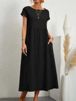 Women's Casual Dress Cotton Linen Dress Swing Dress Midi Dress Cotton Blend Basic Classic Outdoor Daily Crew Neck Pocket Short Sleeve Summer Spring 2023 Loose Fit ArmyGreen Black White Plain S M L XL -HAYz Clothing Shop qydcpq1688457616931