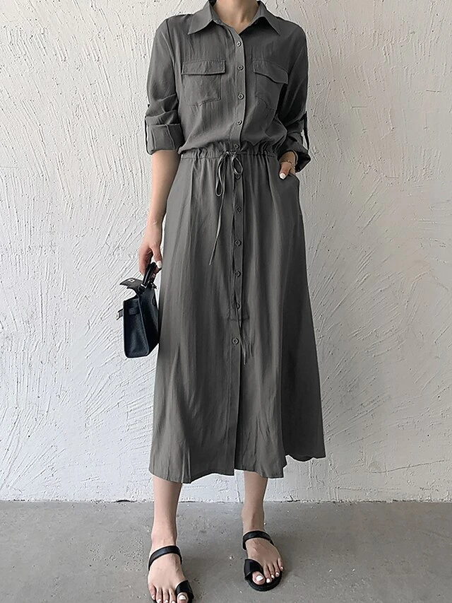 Women's Shirt Dress Casual Dress Maxi Long Dress Outdoor Daily Date Polyester Fashion Classic Shirt Collar Button Pocket Long Sleeve Fall Winter 2023 Loose Fit ArmyGreen Black Brown Pure Color S M L 7 Women's Shirt Dress Casual Dress Maxi Long Dress Outdoor Daily Date Polyester Fashion Classic Shirt Collar Button Pocket Long Sleeve Fall Winter 2023 Loose Fit ArmyGreen Black Brown Pure Color S M L - Image 7