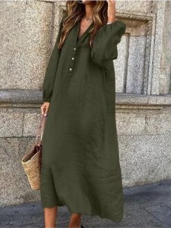 Women's Casual Dress Cotton Linen Dress Loose Dress Midi Dress Linen Cotton Blend Classic Casual Outdoor Daily Vacation V Neck Button Long Sleeve Fall Winter Autumn 2023 Loose Fit ArmyGreen Wine Navy -HAYz Clothing Shop qyfkrz1697706514790