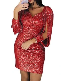 Women‘s Plus Size Curve Party Dress Solid Color V Neck Sequins Long Sleeve Fall Spring Formal Casual Sequins Short Mini Dress Casual Daily Dress Cotton Sequin Dress Homecoming Dress -HAYz Clothing Shop qyggke1645172204692